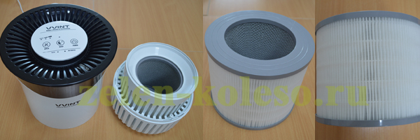 Комбинированный фильтр воздухоочистителя VVINT, HEPA фильтр и дезодорирующий фильтр объединены в общий кольцевой блок.